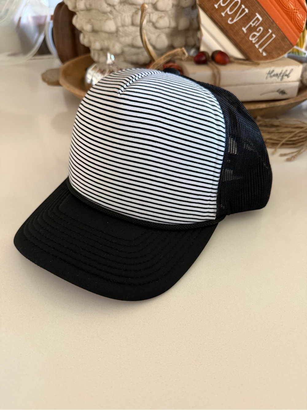 Black & White Striped Trucker Hat